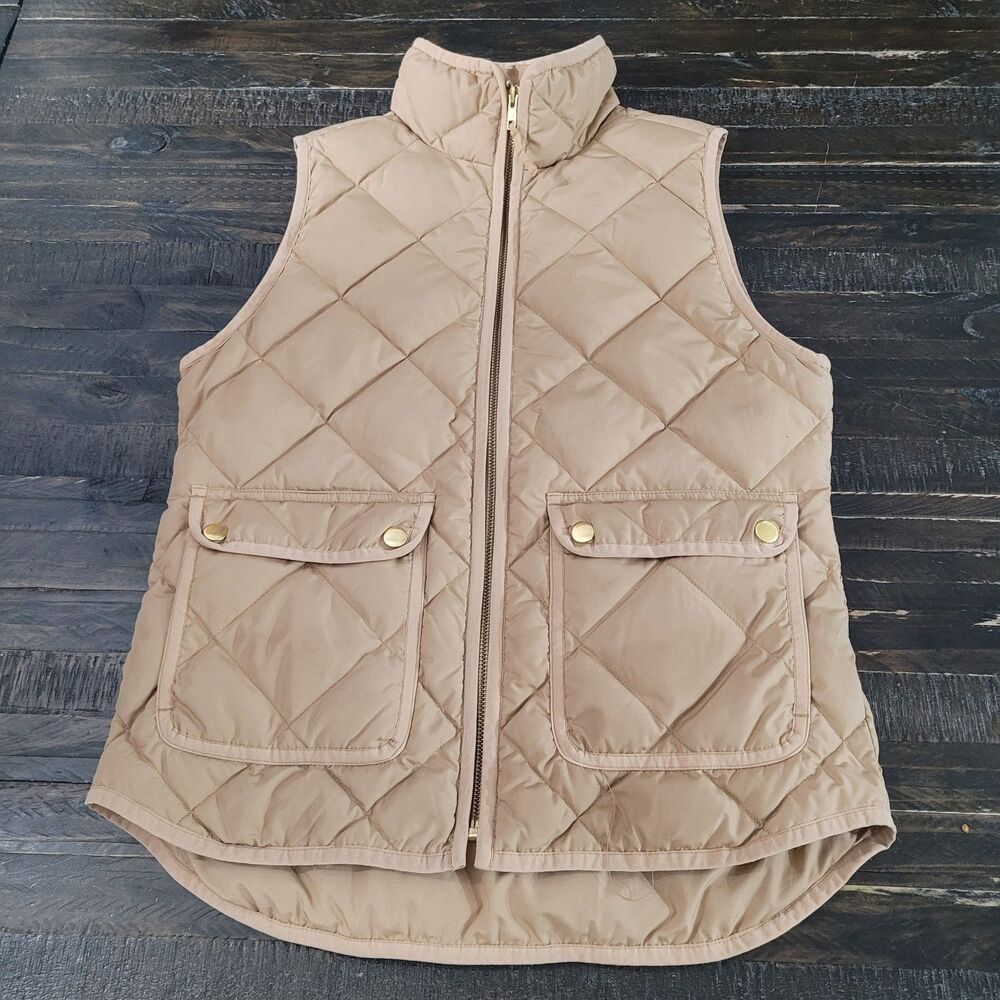 J.Crew Excursion Quilted Vest Tan Womens XS Lightweight Gold Snap Pockets